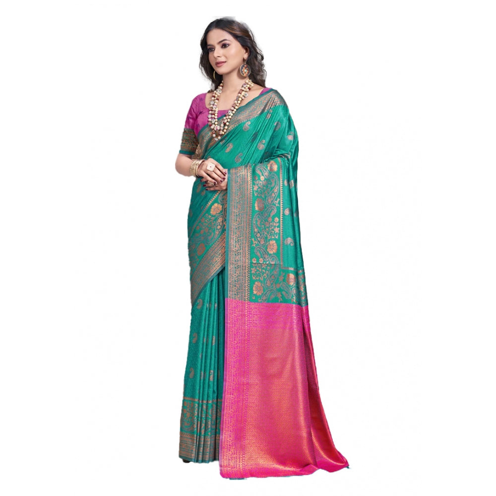 Clasymist Women's Silk Woven Design Saree With Unstitched Blouse 5.5Mtr (Teal-Green)