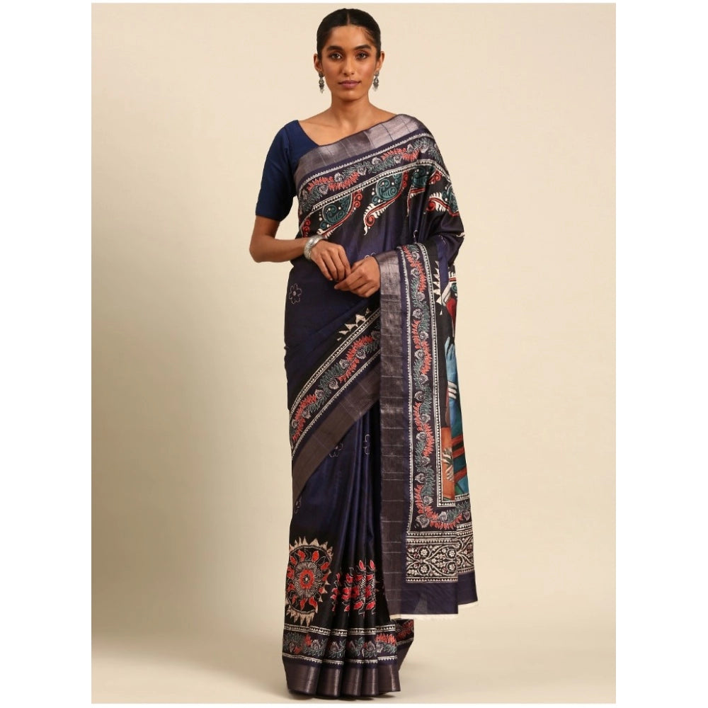 Clasymist Women's Cotton Printed Saree With Unstitched Blouse 5.5Mtr (Navy-Blue)