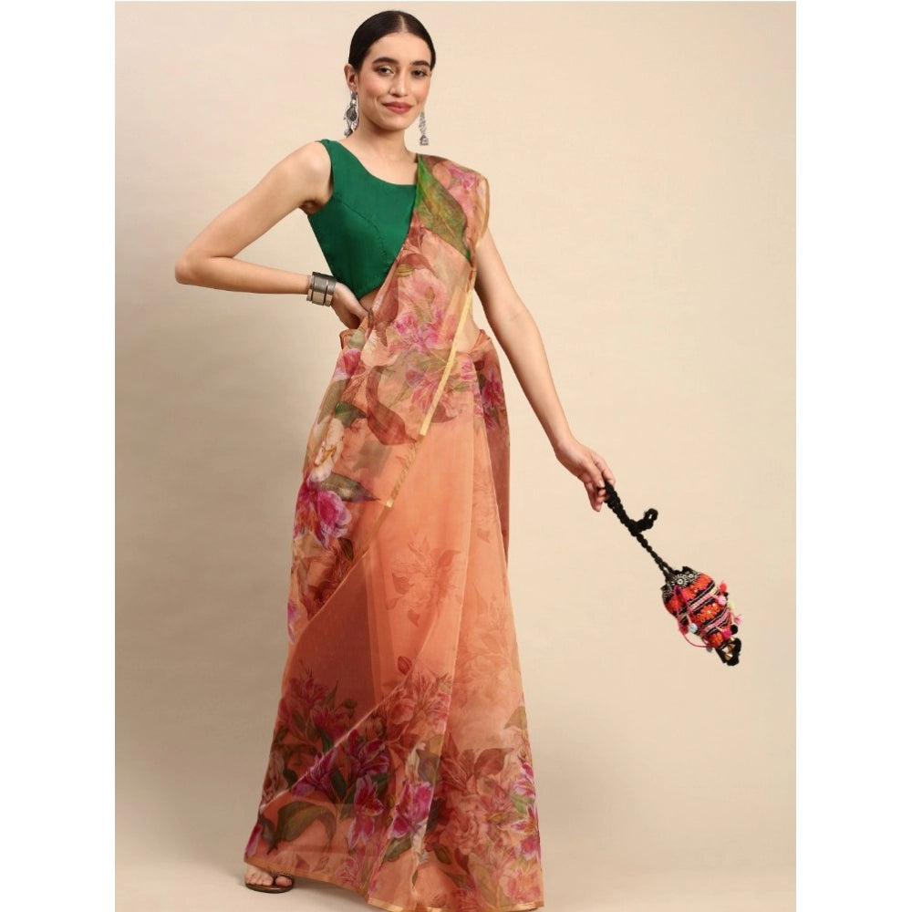 Clasymist Women's Organza Printed Saree With Unstitched Blouse 5.5Mtr (Peach)