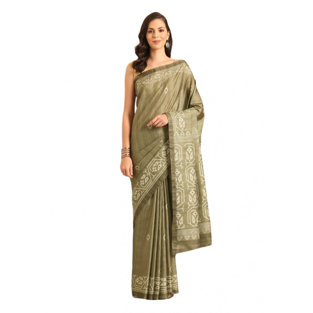 Clasymist Women's Cotton Printed Saree With Unstitched Blouse 5.5Mtr (Olive-green)