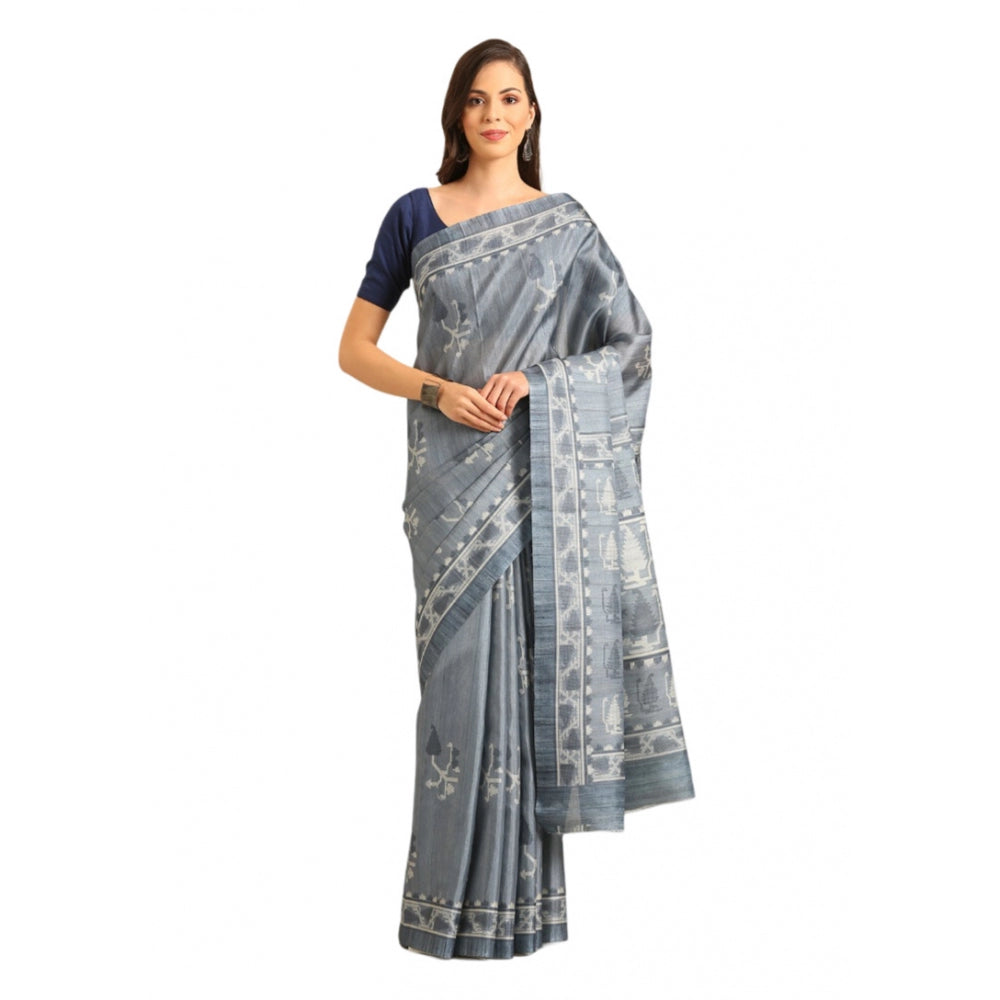 Clasymist Women's Cotton Printed Saree With Unstitched Blouse 5.5Mtr (Grey)