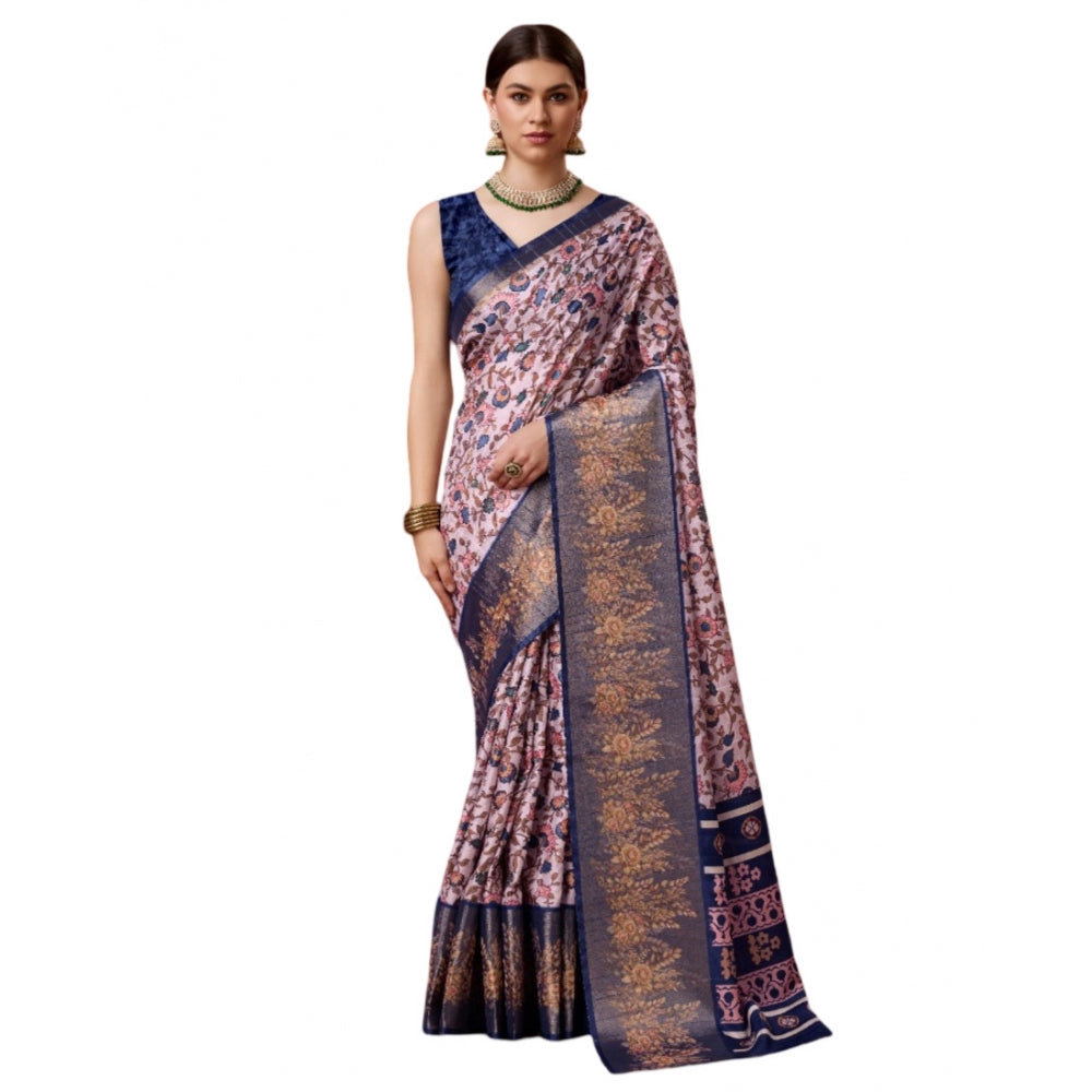 Clasymist Women's Cotton Printed Saree With Unstitched Blouse 5.5Mtr (Blue)