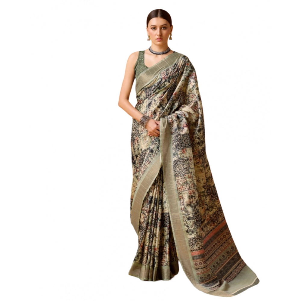 Clasymist Women's Cotton Printed Saree With Unstitched Blouse 5.5Mtr (Beige-Grey)