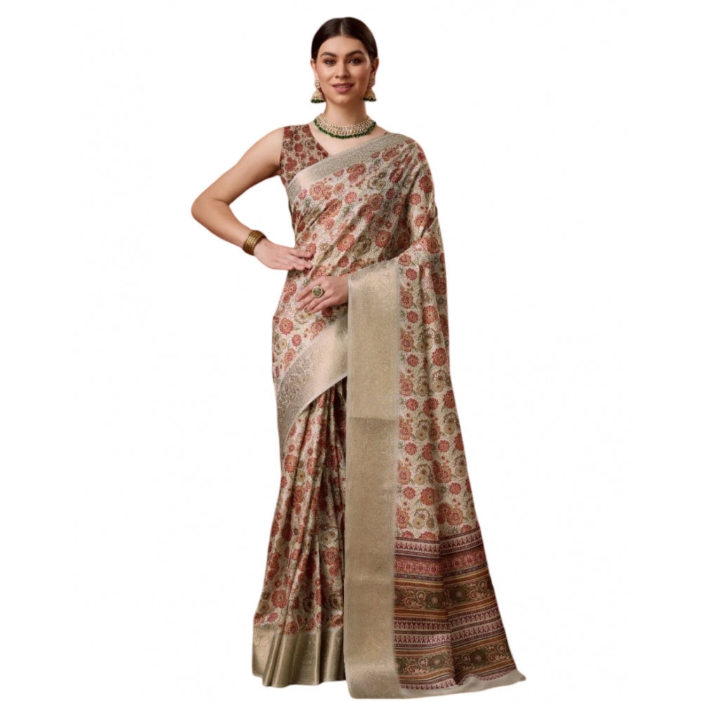 Clasymist Women's Cotton Printed Saree With Unstitched Blouse 5.5Mtr (Grey)