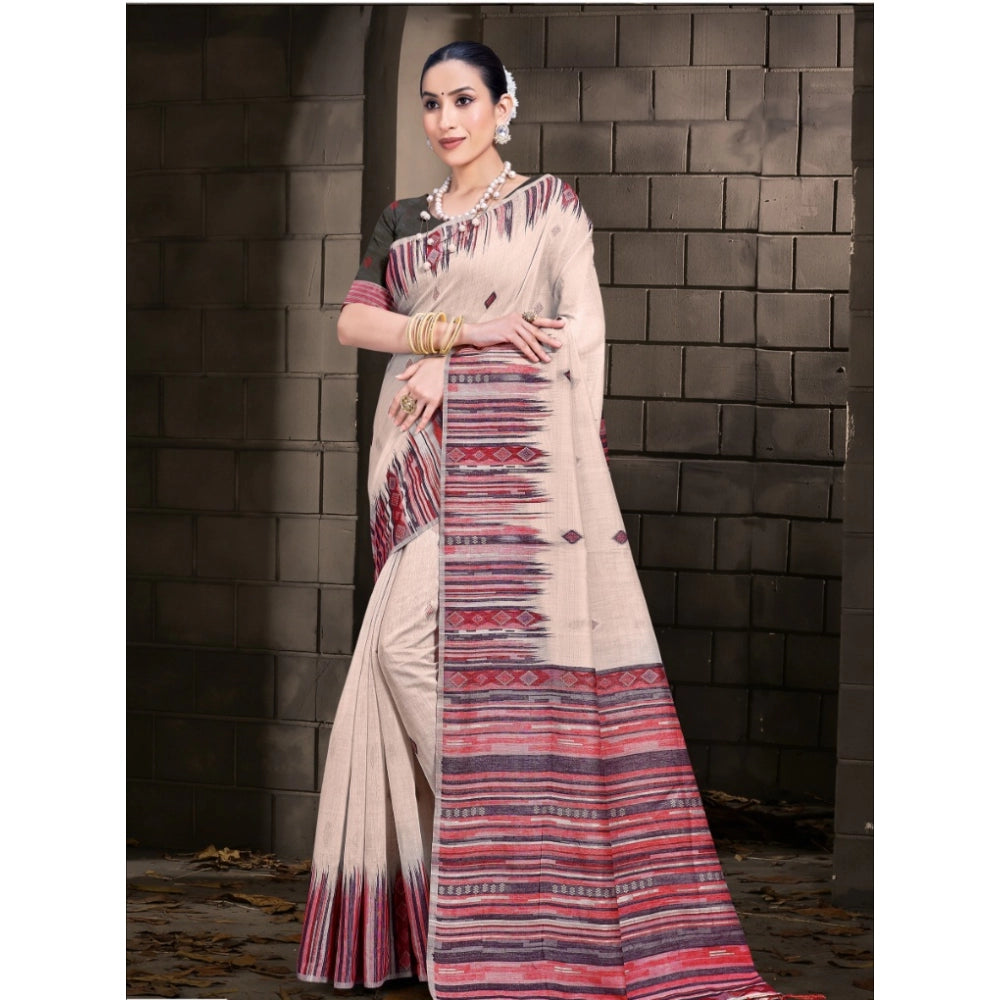 Clasymist Women's Cotton Printed Saree With Unstitched Blouse 5.5Mtr (Cream-Pink)