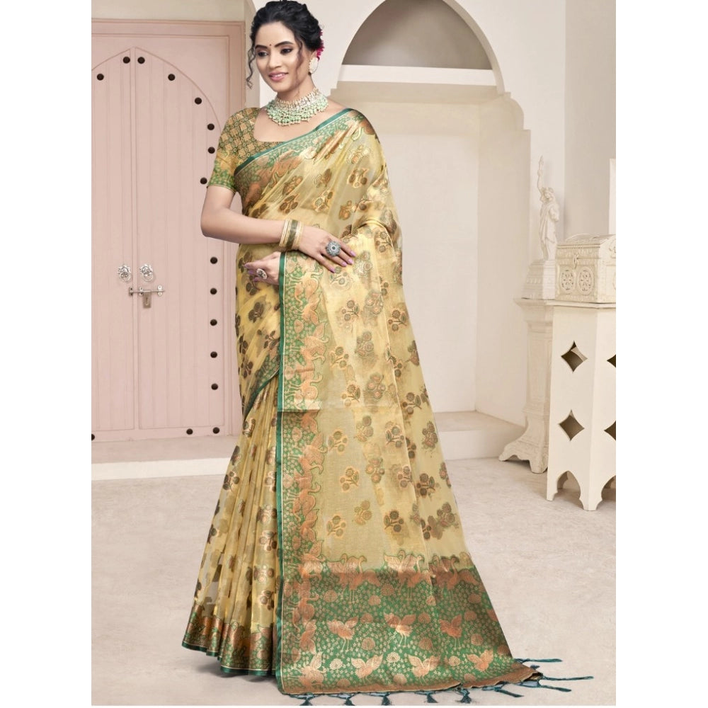 Clasymist Women's Organza Woven Design Saree With Unstitched Blouse 5.5Mtr (Beige)