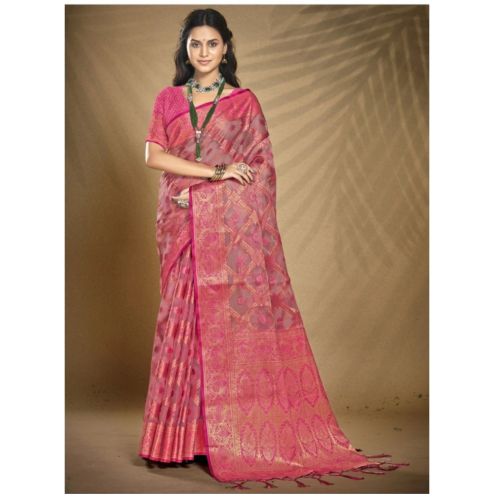 Clasymist Women's Organza Woven Design Saree With Unstitched Blouse 5.5Mtr (Pink)