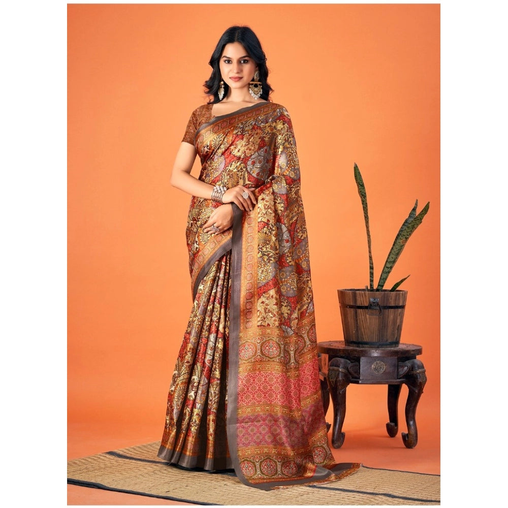 Clasymist Women's Polyester Printed Saree With Unstitched Blouse 5.5Mtr (Brown)