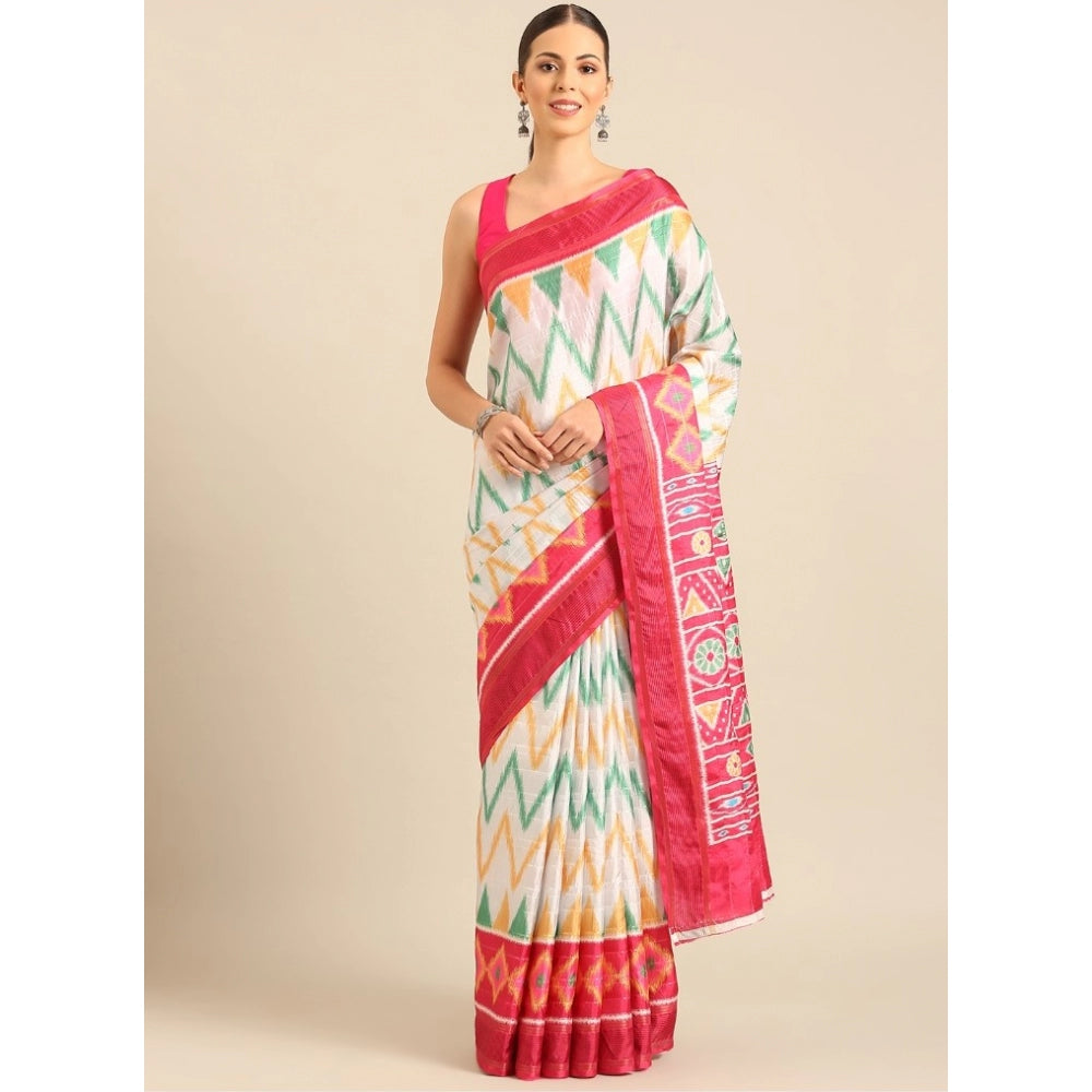 Clasymist Women's Cotton Printed Saree With Unstitched Blouse 5.5Mtr (White-Pink)