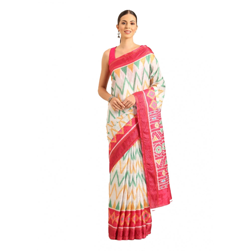 Clasymist Women's Cotton Printed Saree With Unstitched Blouse 5.5Mtr (White-Pink)