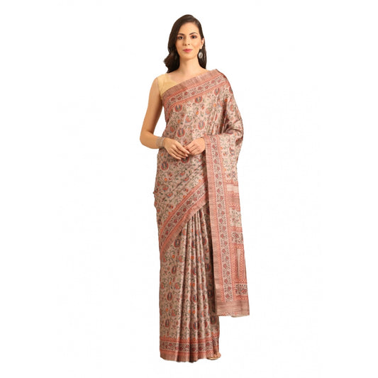 Clasymist Women's Cotton Printed Saree With Unstitched Blouse 5.5Mtr (Light-Brown)