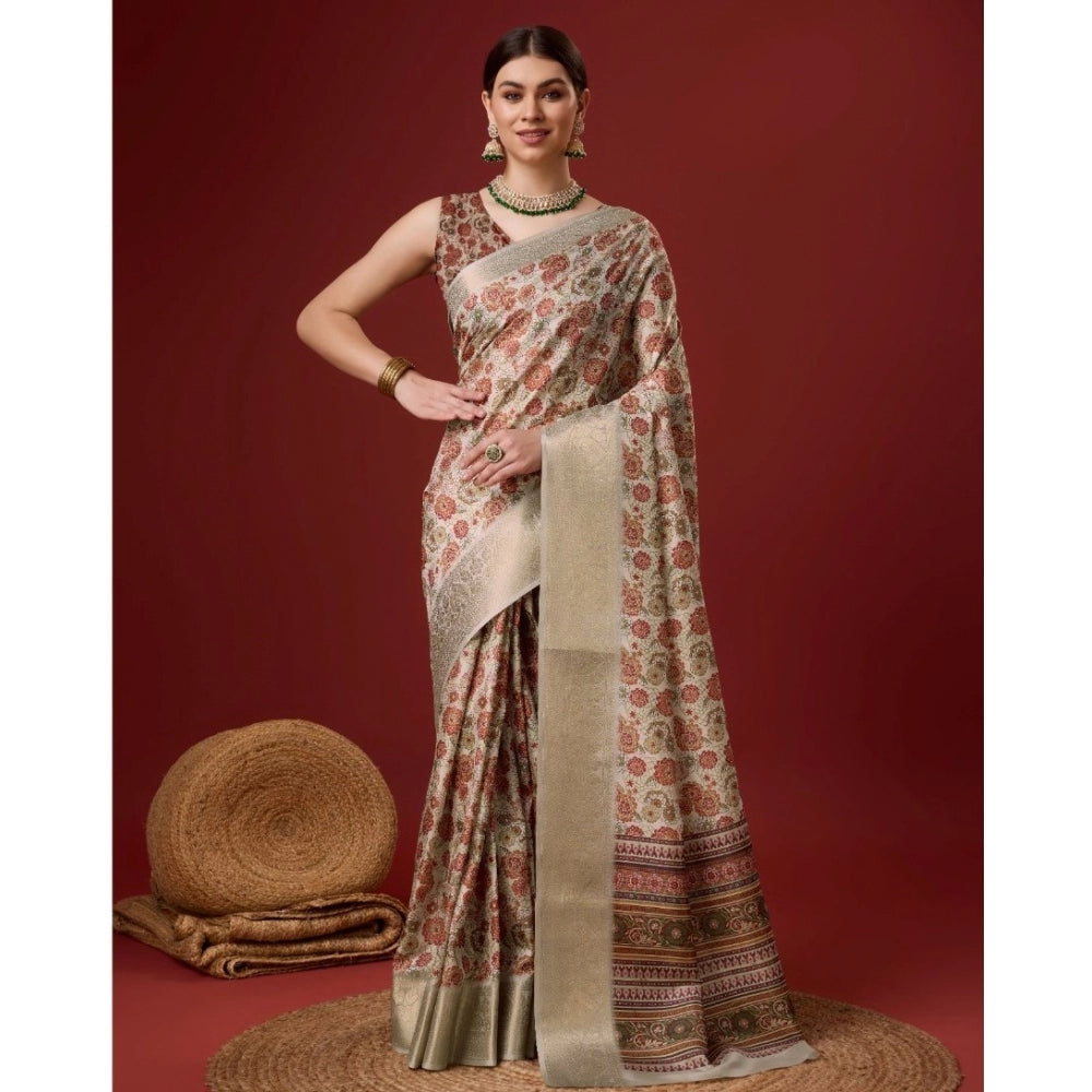 Clasymist Women's Cotton Printed Saree With Unstitched Blouse 5.5Mtr (Grey)