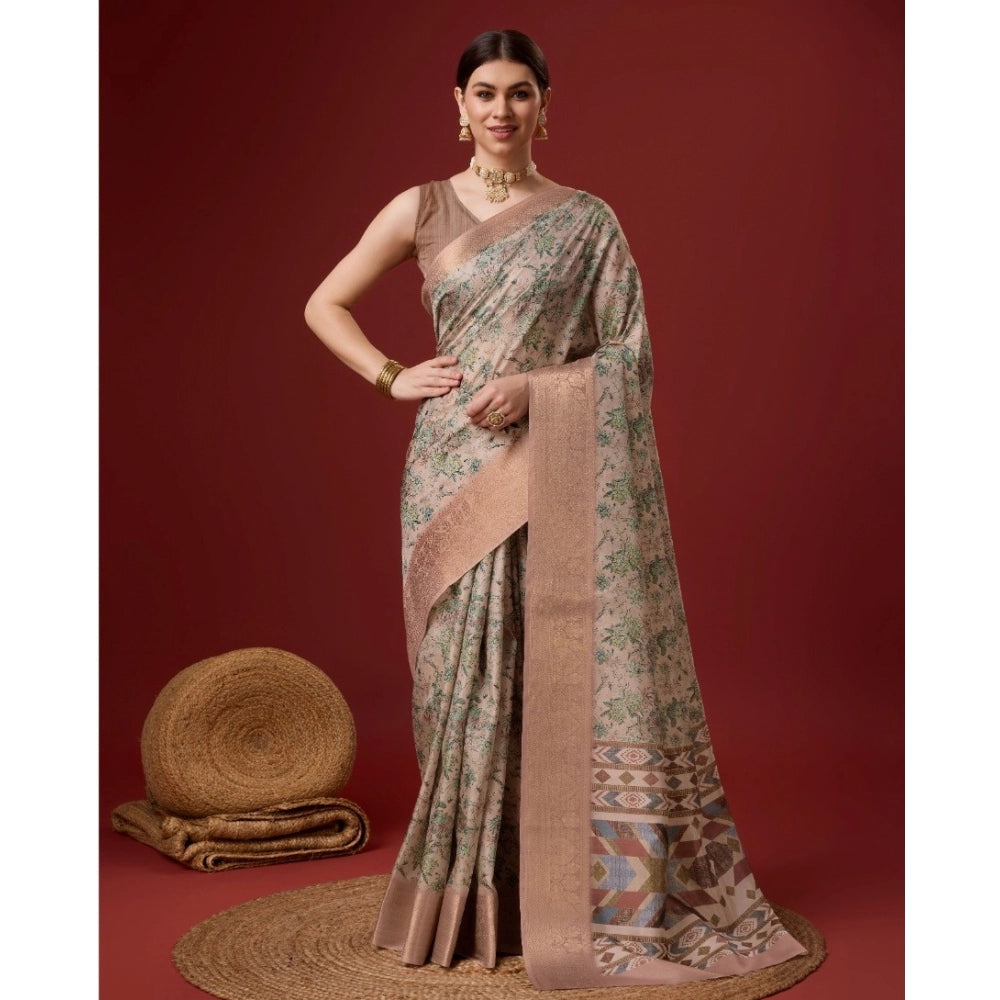 Clasymist Women's Cotton Printed Saree With Unstitched Blouse 5.5Mtr (Peach)