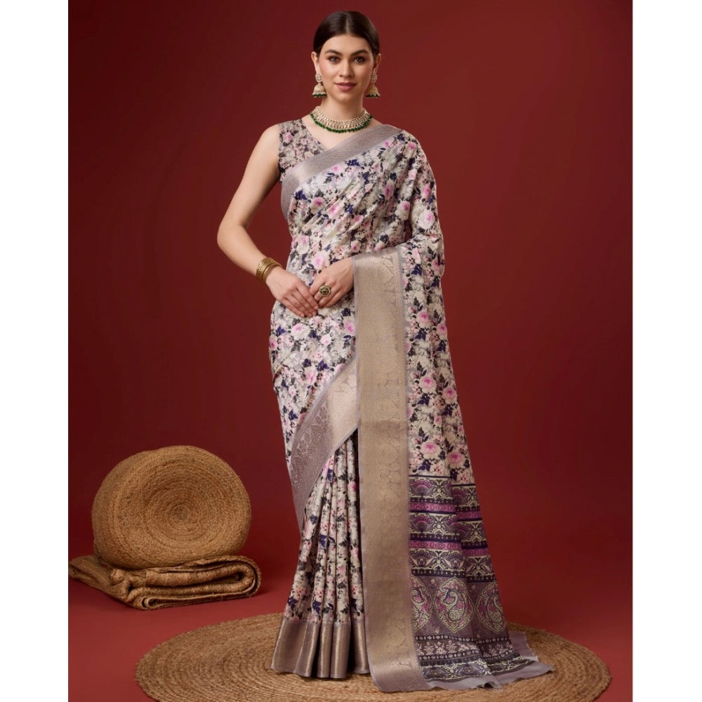 Clasymist Women's Cotton Printed Saree With Unstitched Blouse 5.5Mtr (Cream)