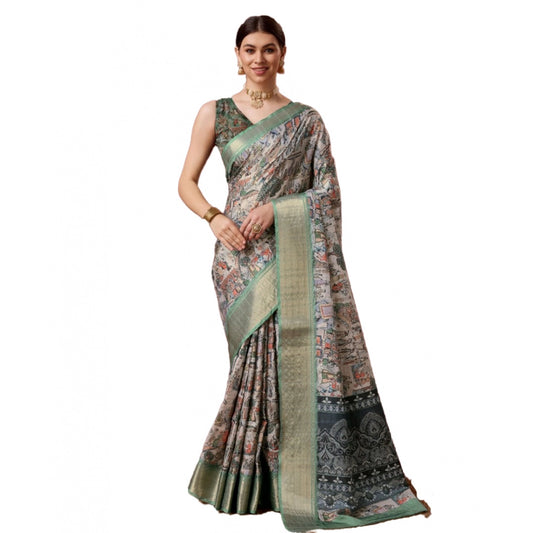 Clasymist Women's Cotton Printed Saree With Unstitched Blouse 5.5Mtr (Grey)