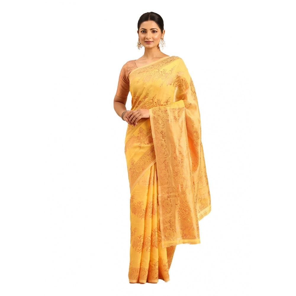 Clasymist Women's Cotton Woven Design Saree With Unstitched Blouse 5.5Mtr (Yellow)