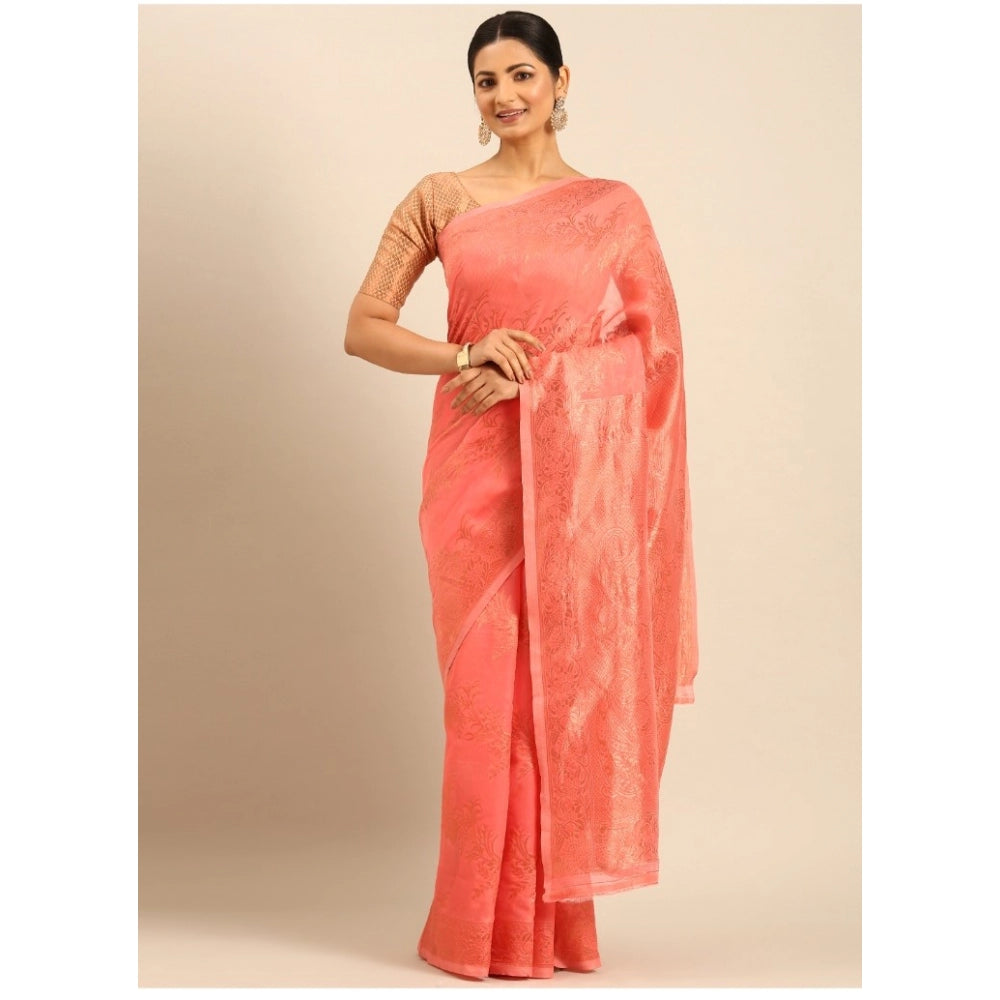 Clasymist Women's Cotton Woven Design Saree With Unstitched Blouse 5.5Mtr (Peach)