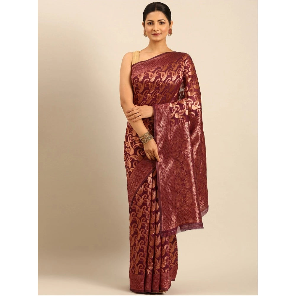 Clasymist Women's Cotton Woven Design Saree With Unstitched Blouse 5.5Mtr (Brown)