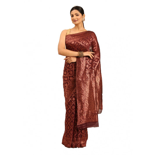 Clasymist Women's Cotton Woven Design Saree With Unstitched Blouse 5.5Mtr (Wine)