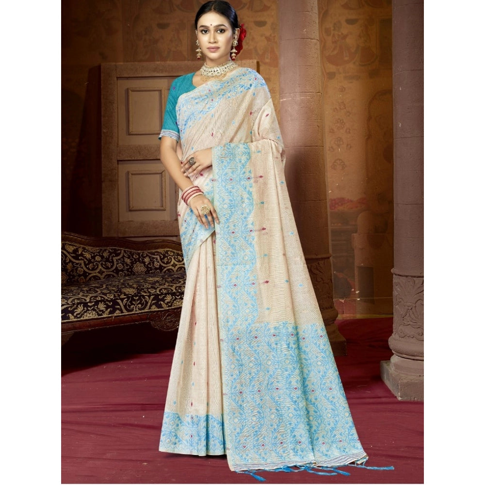 Clasymist Women's Cotton Woven Design Saree With Unstitched Blouse 5.5Mtr (SkyBlue)