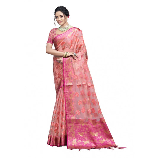 Clasymist Women's Organza Woven Design Saree With Unstitched Blouse 5.5Mtr (Pink)