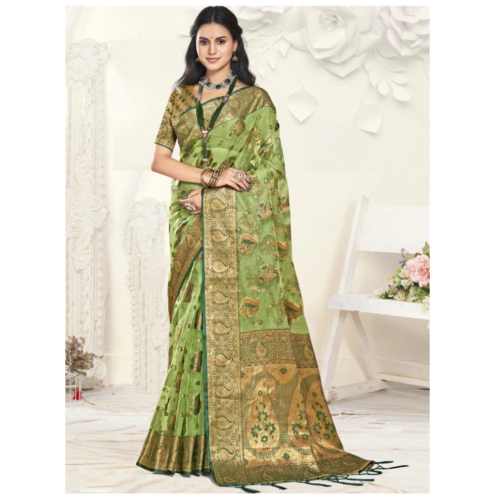 Clasymist Women's Organza Woven Design Saree With Unstitched Blouse 5.5Mtr (Green)