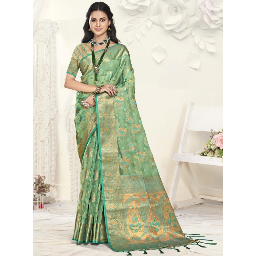 Clasymist Women's Organza Woven Design Saree With Unstitched Blouse 5.5Mtr (Green)