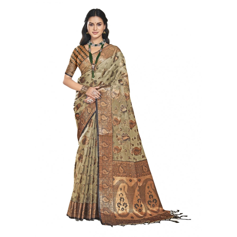 Clasymist Women's Organza Woven Design Saree With Unstitched Blouse 5.5Mtr (Grey)