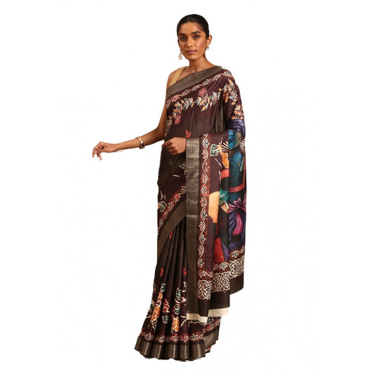 Clasymist Women's Cotton Printed Saree With Unstitched Blouse 5.5Mtr (Brown)