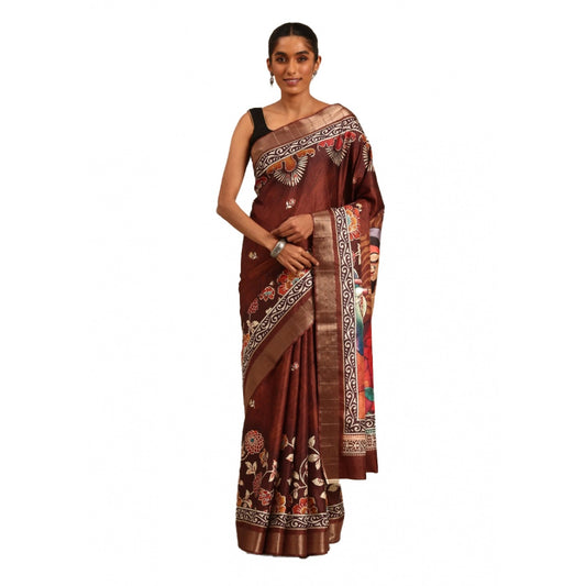 Clasymist Women's Cotton Printed Saree With Unstitched Blouse 5.5Mtr (Brown)