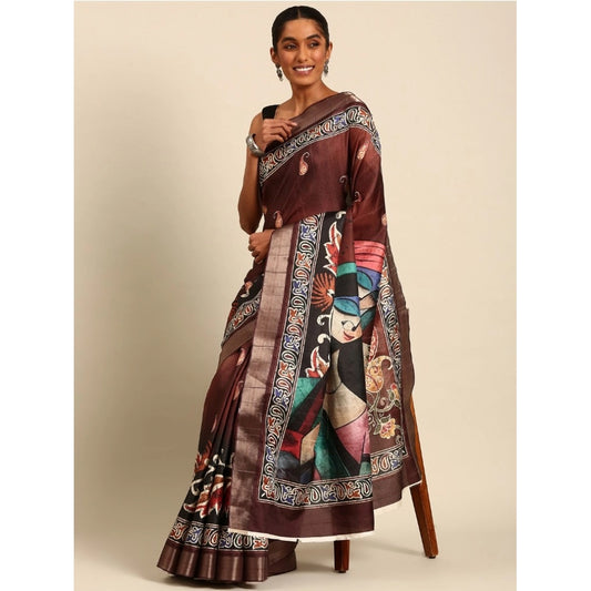 Clasymist Women's Cotton Printed Saree With Unstitched Blouse 5.5Mtr (Brown)