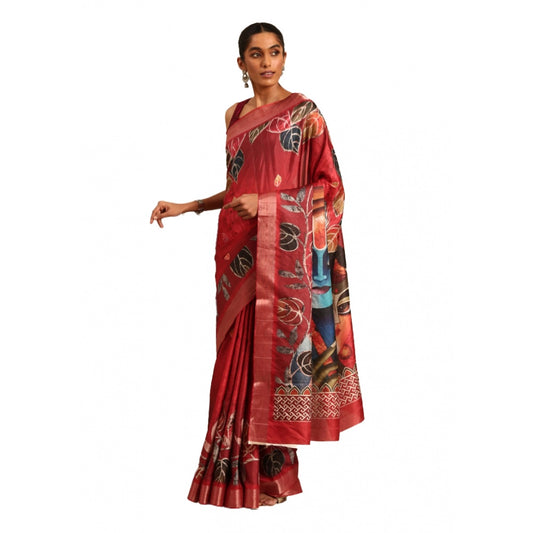 Clasymist Women's Cotton Printed Saree With Unstitched Blouse 5.5Mtr (Red)