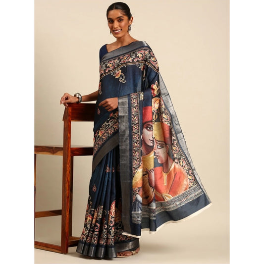 Clasymist Women's Cotton Printed Saree With Unstitched Blouse 5.5Mtr (Navy-Blue)