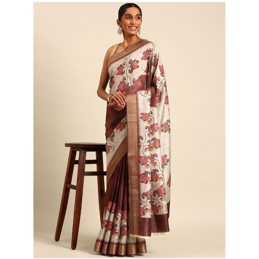 Clasymist Women's Cotton Printed Saree With Unstitched Blouse 5.5Mtr (Cream)