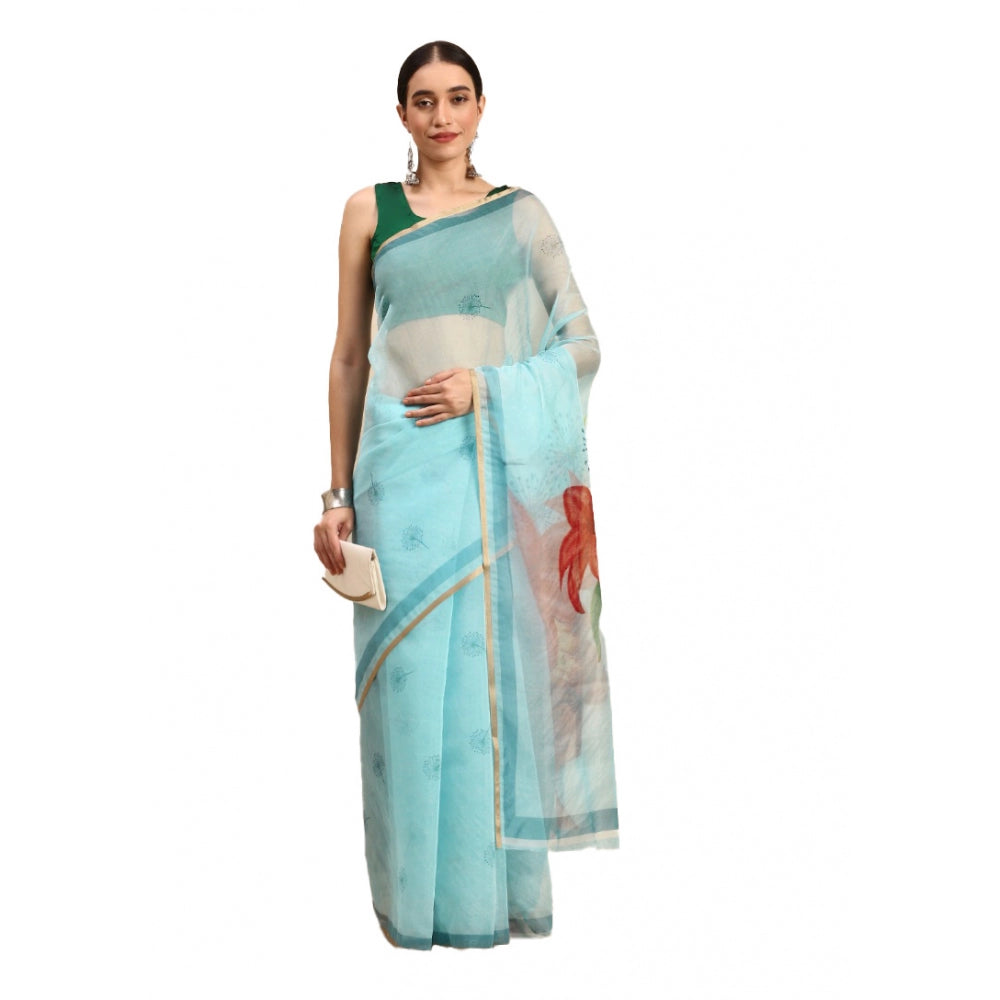 Clasymist Women's Organza Printed Saree With Unstitched Blouse 5.5Mtr (Sky Blue)