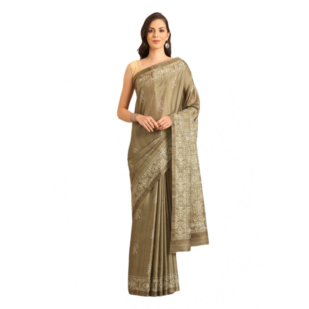 Clasymist Women's Cotton Printed Saree With Unstitched Blouse 5.5Mtr (Brown)