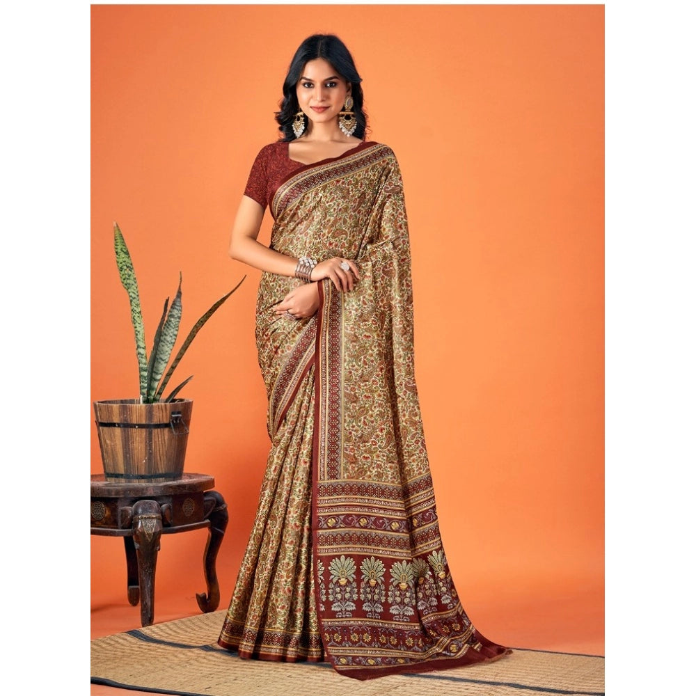 Clasymist Women's Polyester Printed Saree With Unstitched Blouse 5.5Mtr (Brown)