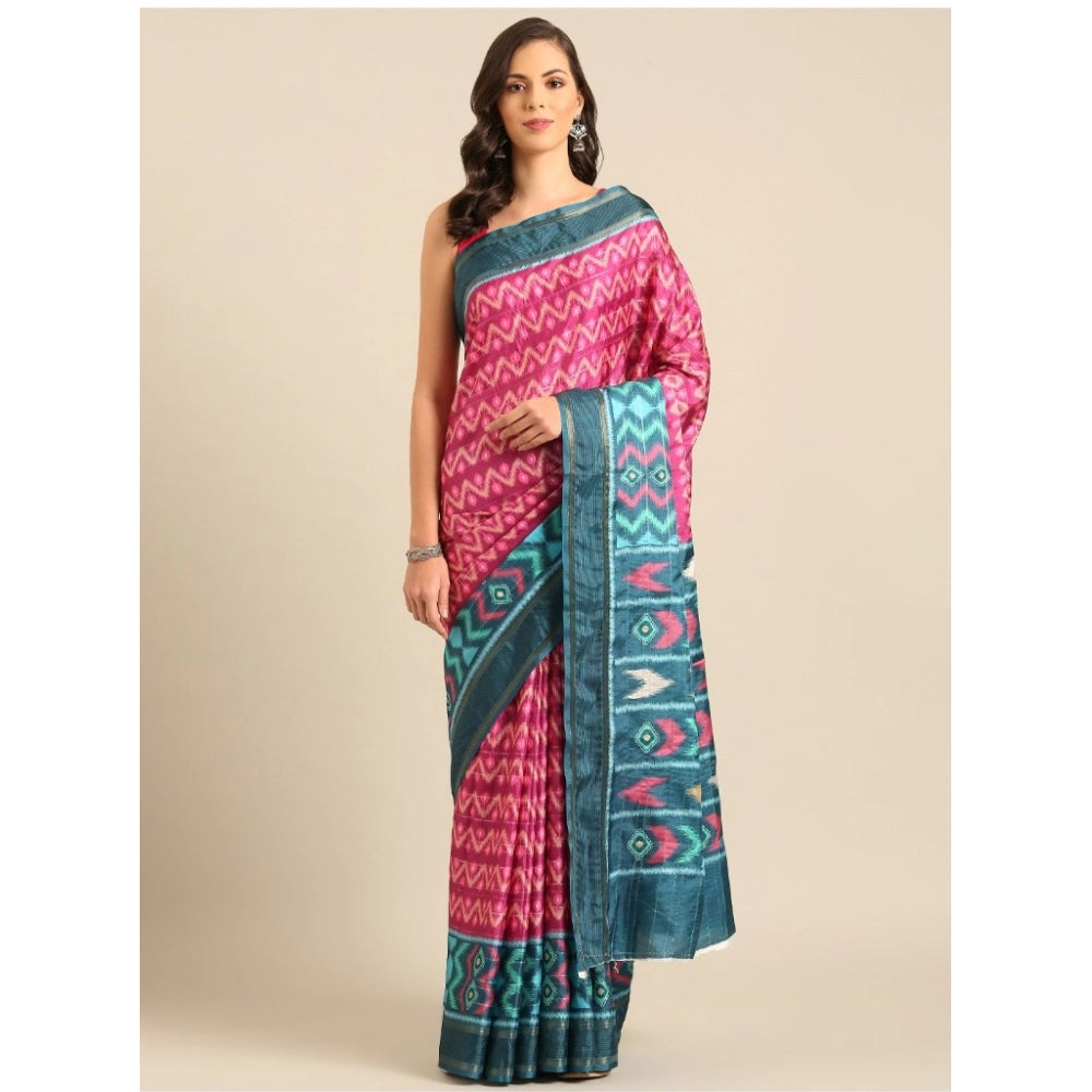 Clasymist Women's Cotton Printed Saree With Unstitched Blouse 5.5Mtr (Pinl-Green)