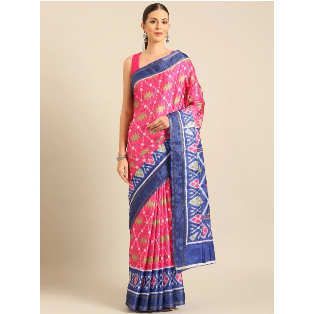 Clasymist Women's Cotton Printed Saree With Unstitched Blouse 5.5Mtr (Pink-Blue)