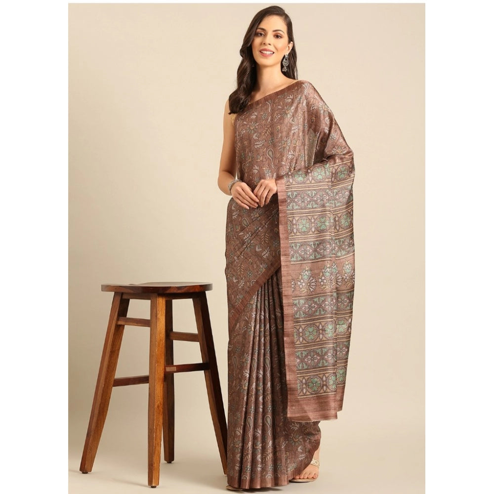 Clasymist Women's Cotton Printed Saree With Unstitched Blouse 5.5Mtr (Brown-Green)