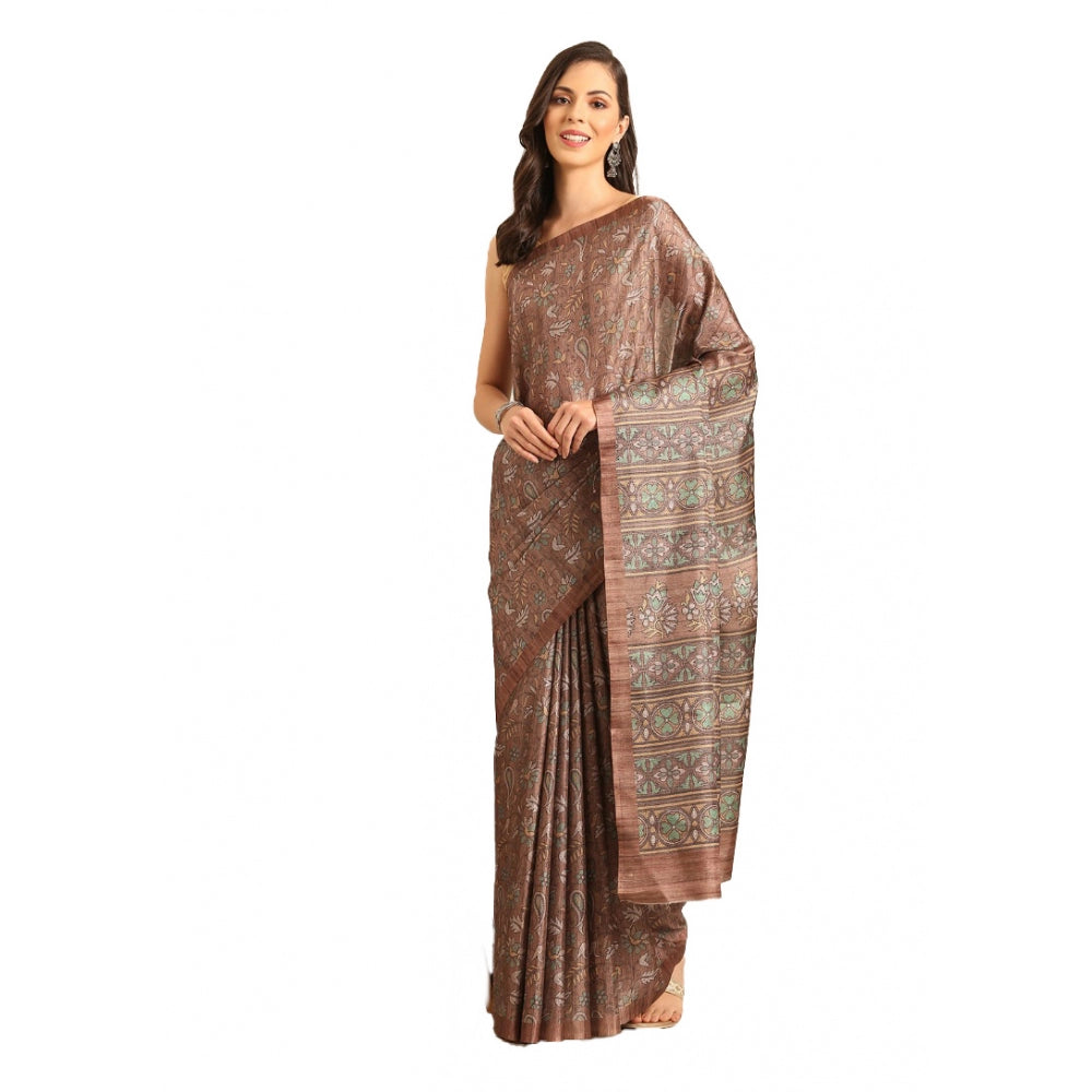 Clasymist Women's Cotton Printed Saree With Unstitched Blouse 5.5Mtr (Brown-Green)