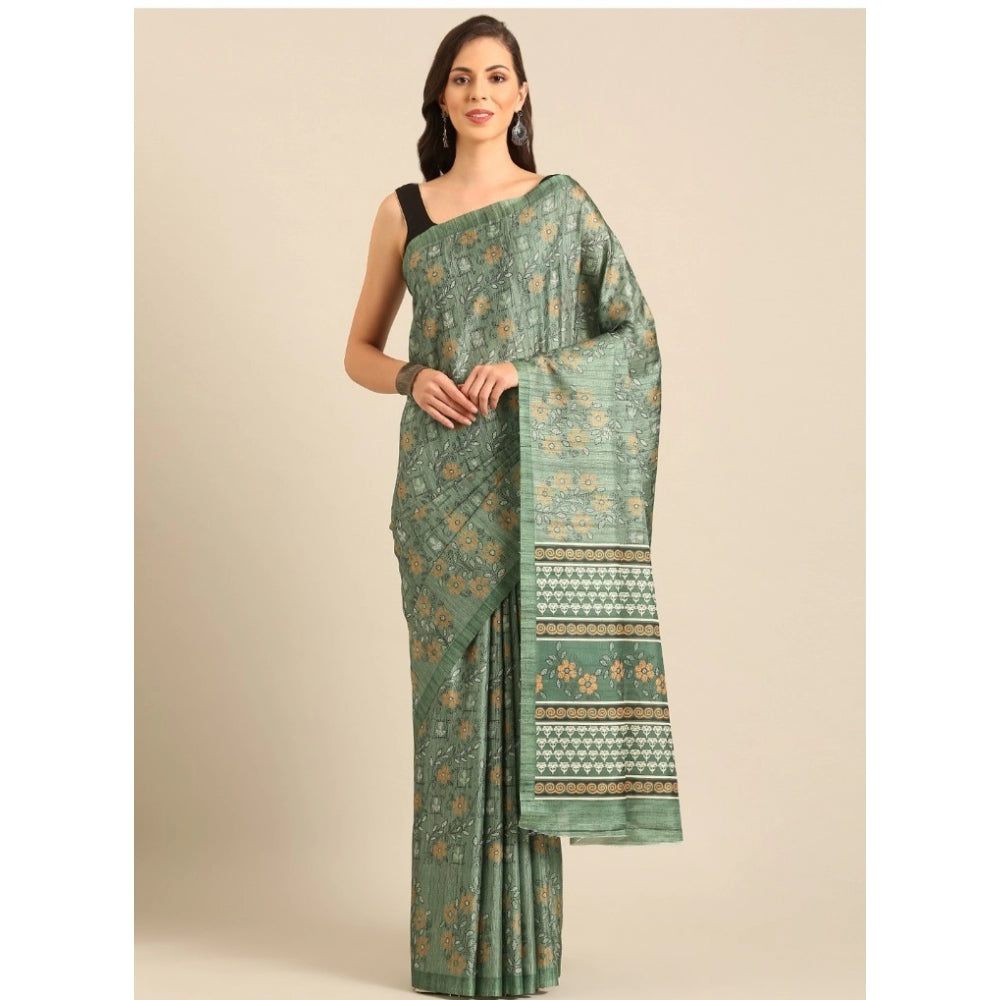 Clasymist Women's Cotton Printed Saree With Unstitched Blouse 5.5Mtr (Green)