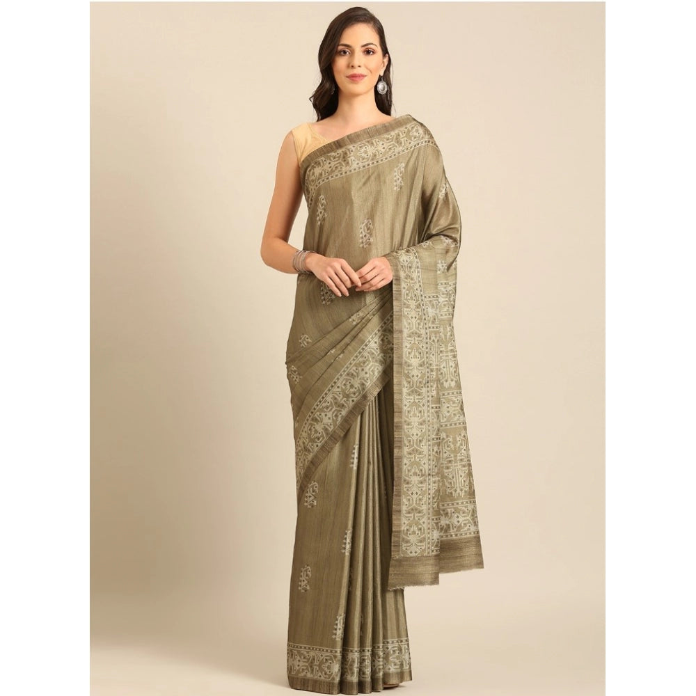 Clasymist Women's Cotton Printed Saree With Unstitched Blouse 5.5Mtr (Brown)