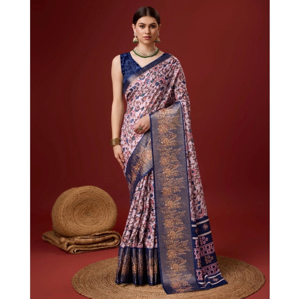 Clasymist Women's Cotton Printed Saree With Unstitched Blouse 5.5Mtr (Blue)