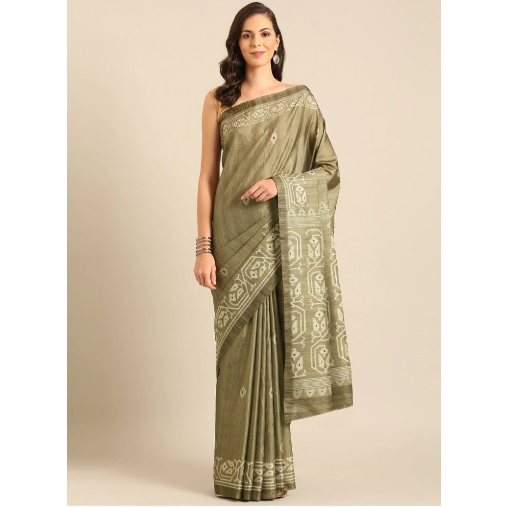 Clasymist Women's Cotton Printed Saree With Unstitched Blouse 5.5Mtr (Olive-green)