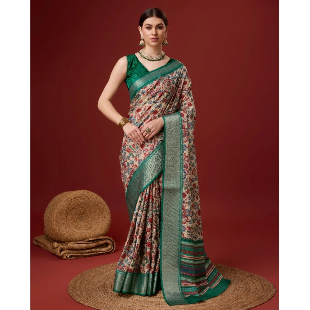 Clasymist Women's Cotton Printed Saree With Unstitched Blouse 5.5Mtr (Green)