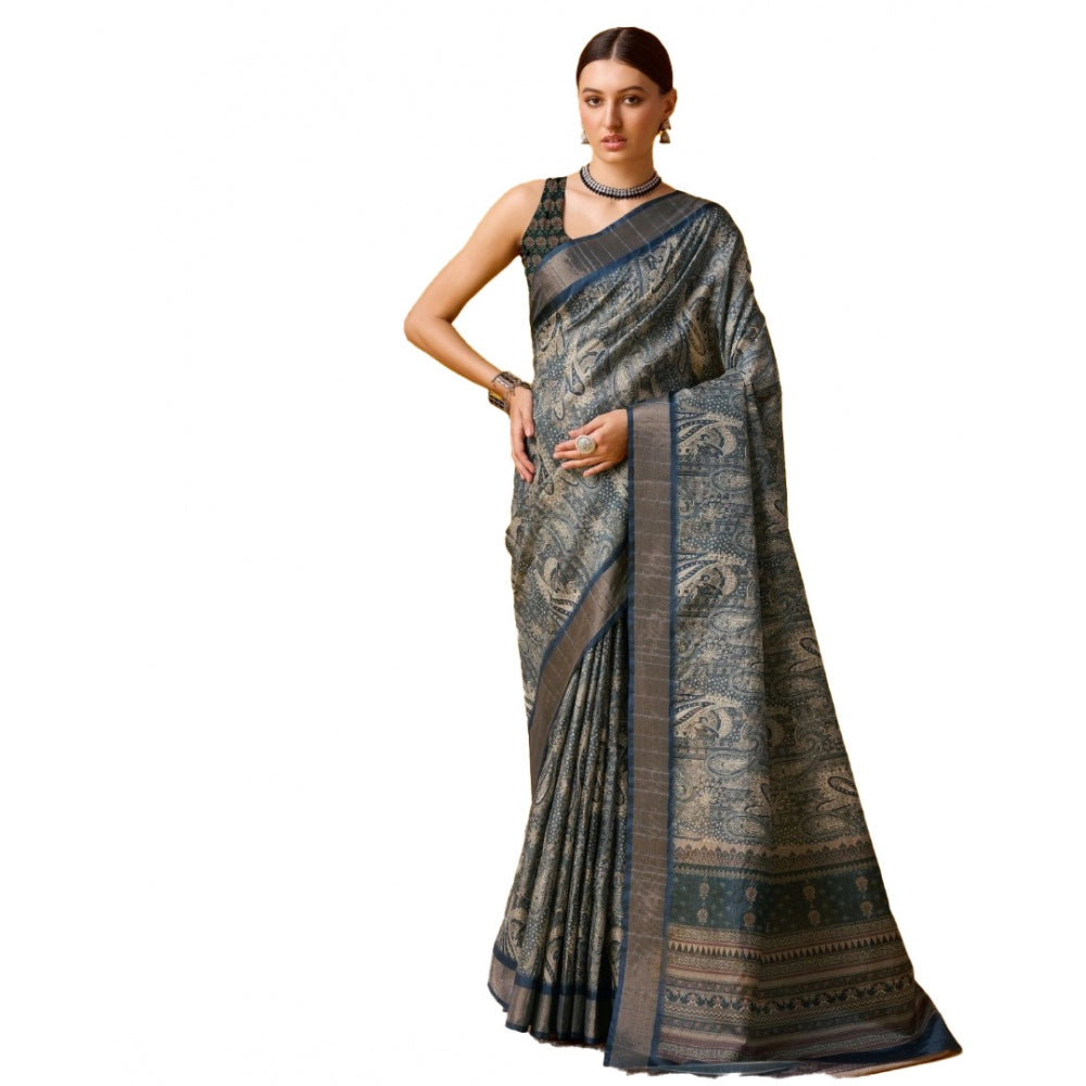 Clasymist Women's Cotton Printed Saree With Unstitched Blouse 5.5Mtr (Blue)