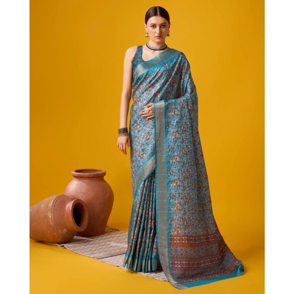 Clasymist Women's Cotton Printed Saree With Unstitched Blouse 5.5Mtr (Blue)