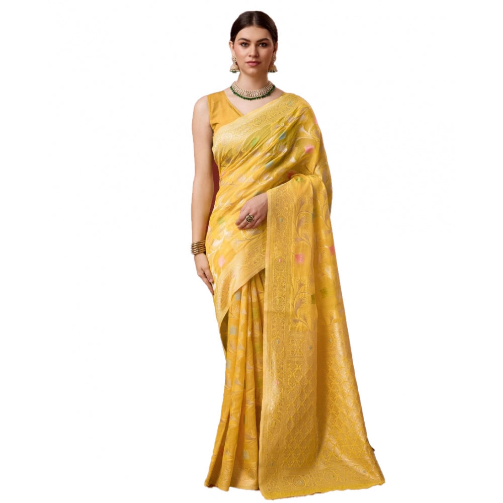 Clasymist Women's Cotton Woven Design Saree With Unstitched Blouse 5.5Mtr (Yellow)