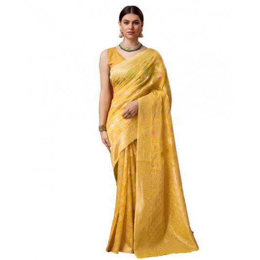 Clasymist Women's Cotton Woven Design Saree With Unstitched Blouse 5.5Mtr (Yellow)